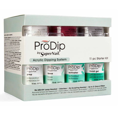 ProDip 11 Piece Acrylic System Kit containing Prep 0.5 fl oz, Base 0.5 fl oz, Activator 0.5 fl oz. Finish Gel 0.5 fl oz, Cuticle Oil 0.5 fl oz, Brush Cleaner 0.5 fl oz, Powder - Pink 2 oz, Powder - Clear 2 oz, Disposable Dipping Trays 20 ct, Cleansing Sponges 30 ct, Powder โ White 0.4 oz, Powder โ Pink 0.4 oz, Powder โ Clear 0.4oz oz, Powder โ French Muave 0.4 oz, Powder โ Disco Party 0.4 oz, Disposable Dipping Trays 10 ct, Cleansing Sponges 10 ct