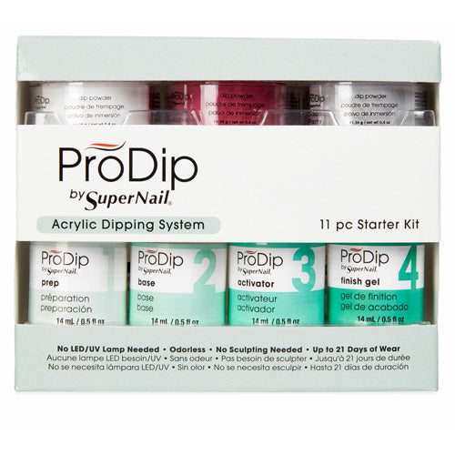 ProDip 11 Piece Acrylic System Kit containing Prep 0.5 fl oz, Base 0.5 fl oz, Activator 0.5 fl oz. Finish Gel 0.5 fl oz, Cuticle Oil 0.5 fl oz, Brush Cleaner 0.5 fl oz, Powder - Pink 2 oz, Powder - Clear 2 oz, Disposable Dipping Trays 20 ct, Cleansing Sponges 30 ct, Powder โ White 0.4 oz, Powder โ Pink 0.4 oz, Powder โ Clear 0.4oz oz, Powder โ French Muave 0.4 oz, Powder โ Disco Party 0.4 oz, Disposable Dipping Trays 10 ct, Cleansing Sponges 10 ct