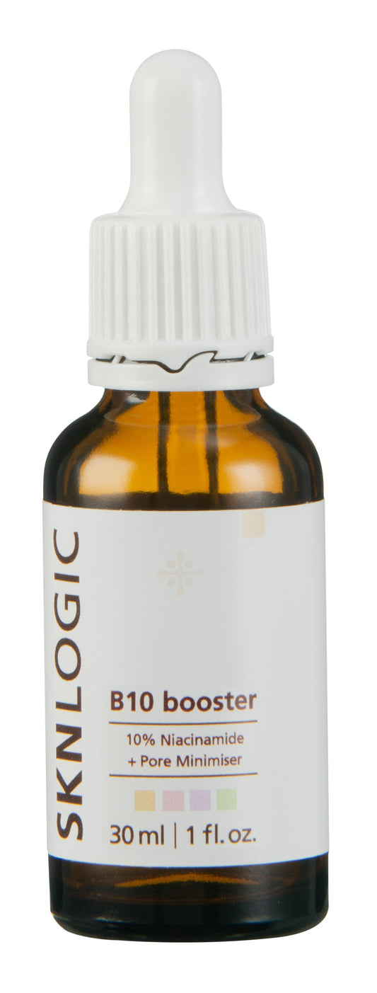 Sknlogic B10 Booster is a concentrated 10% niacinamide serum booster dramatically improves uneven skin tone and refines the appearance of pore size, skin texture and fine lines.