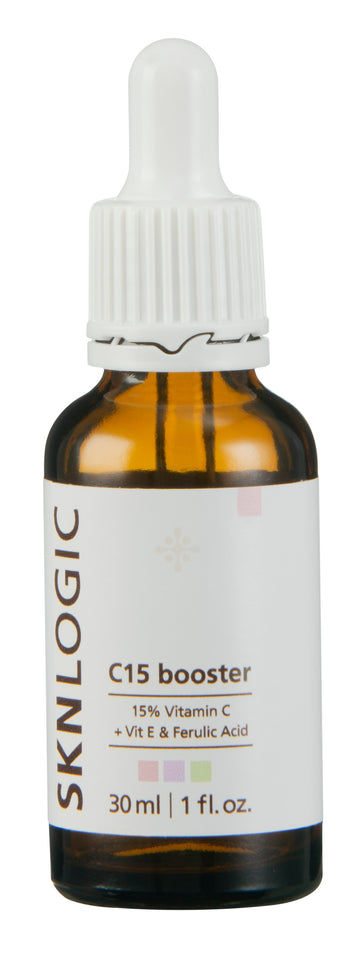 Sknlogic C15 Booster 30ml is a concentrated booster with 15% pure vitamin C dramatically brightens uneven skin while improving the appearance of wrinkles and fine lines.