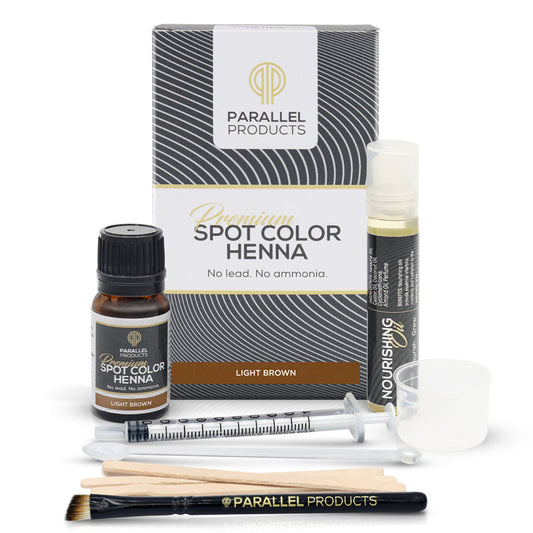 Light Brown Eyebrow Henna Starter Kit containing 5g Henna Powder, Mixing Paddle, Mixing Dish, Applicator Brush, Nourishing Oil, Water Syringe, Stir Sticks (3), Instructional Leaflet