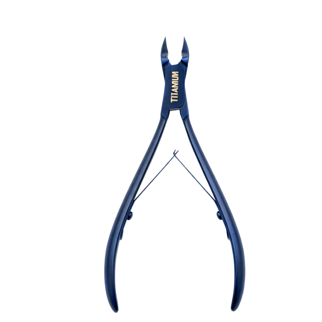 Blue titanium cuticle clippers with a blue jaw and a polished chrome pivot screw, shown against a solid white background.