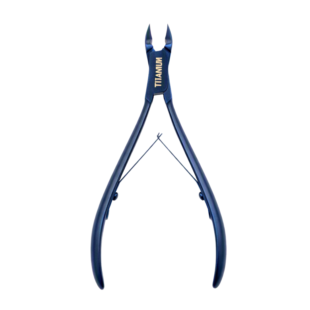 Blue titanium cuticle clippers with a blue jaw and a polished chrome pivot screw, shown against a solid white background.