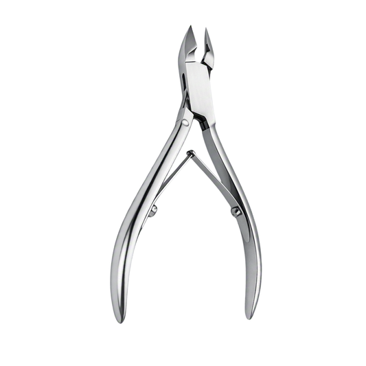  Cuticle nipper or clippers with a silver metal jaw and a polished chrome pivot screw, shown against a solid white background.