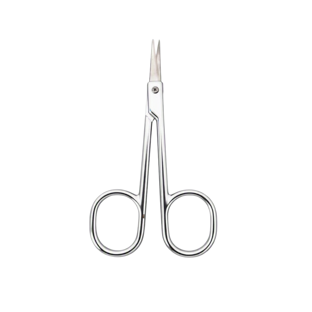 A sharp pointed nail and cuticle scissor on a white background