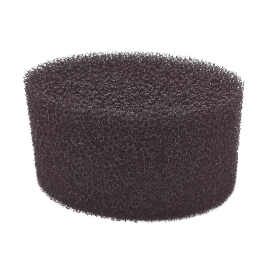 Black cylindrical exfoliating foam body sponge on a white background