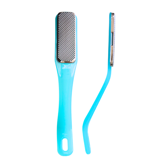A metal foot raps file with a blue plastic handle on a white background