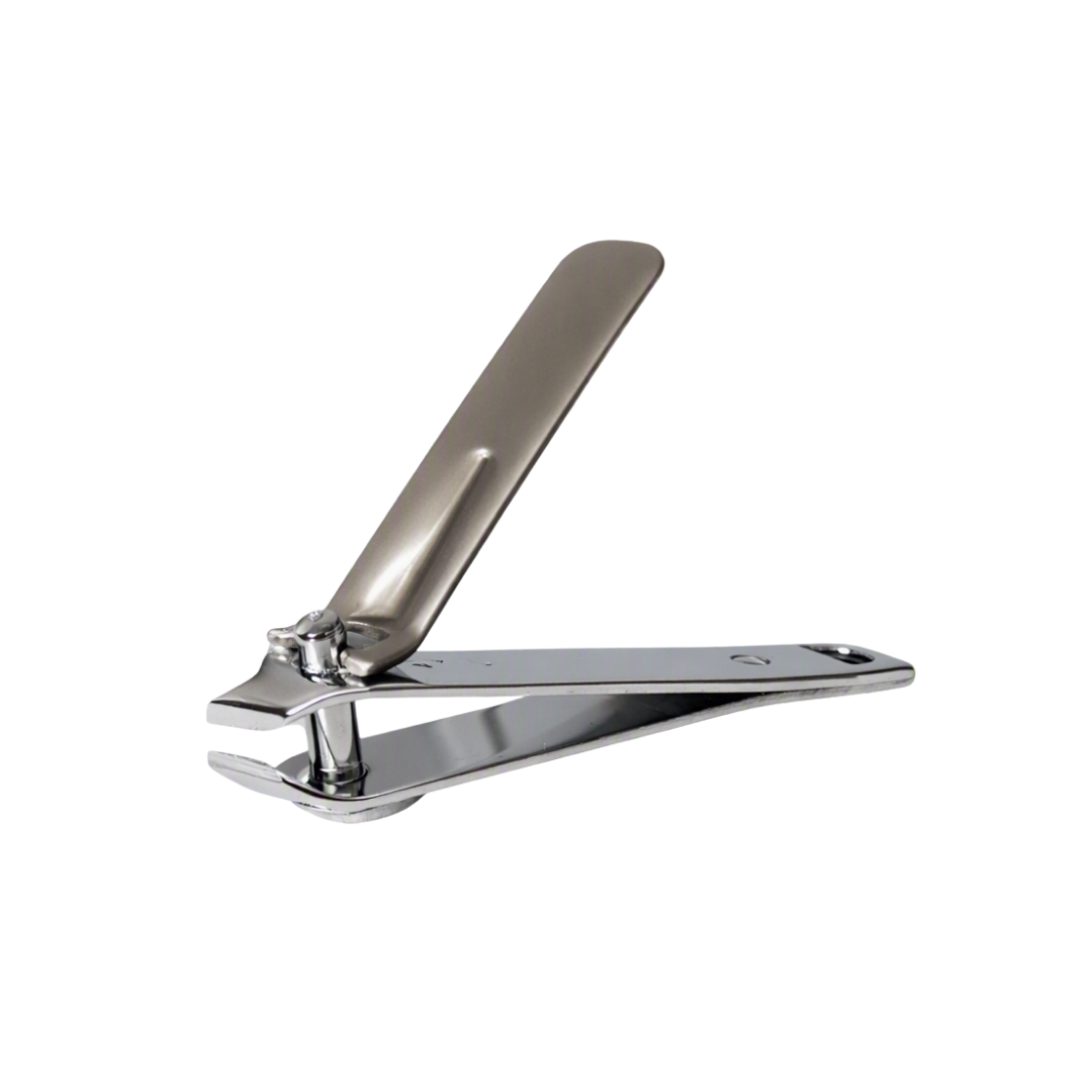 Small Cuticle nipper which works like a normal toenail clipper with cutting blade at a 45-degree angle, on a white background