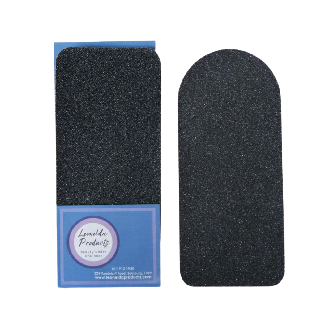 Two black textured foot file grits shown upright on a white background, with one still attached to its blue branded cardboard sleeve. The sleeve reads 'Leonelda Products'.