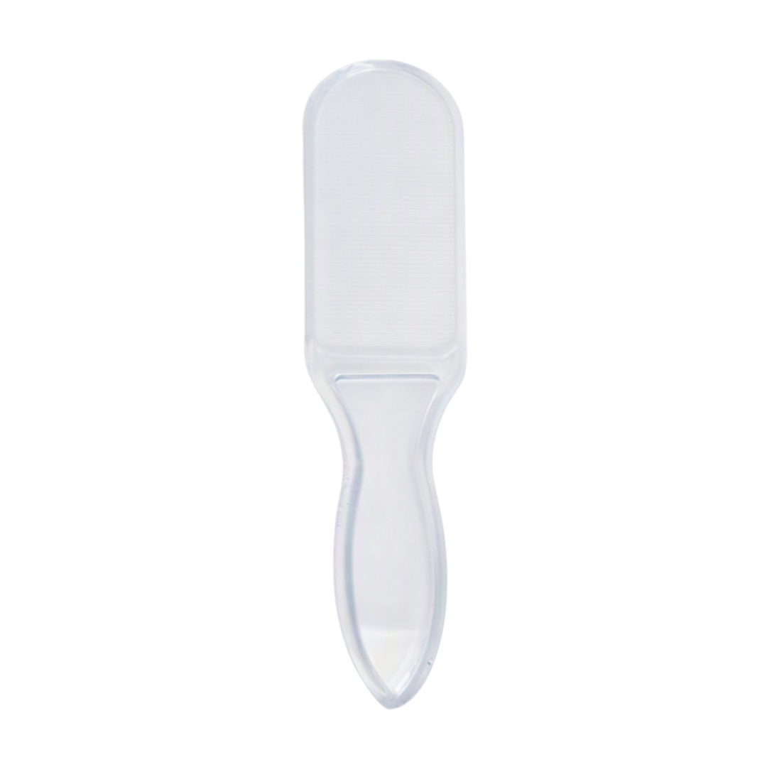 A clear plastic foot file handle on a white background