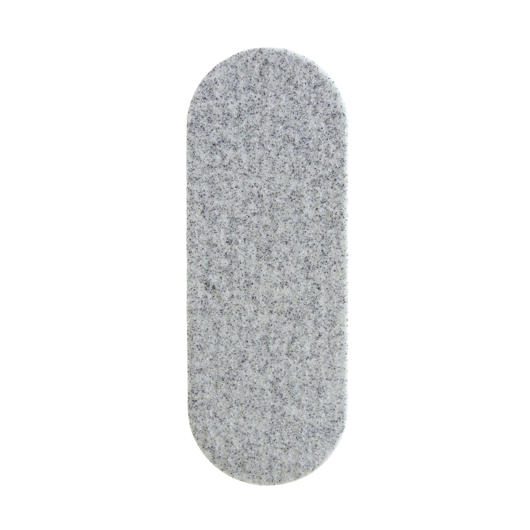 A gray felt nail file with rounded corners, shown vertically against a plain white background.