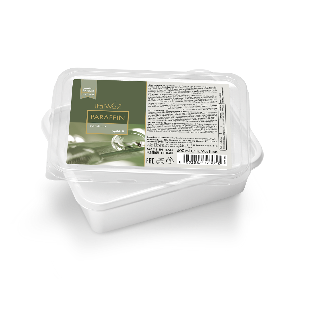 A 500ml plastic tub of italwax Paraffin Paraffin wax, showing the front label and the back informational panel on a clean white background.