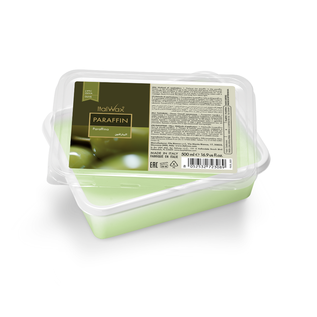 Italwax Paraffin wax in a clear plastic tub with a white lid, showing the green product and a detailed product label on a white background.