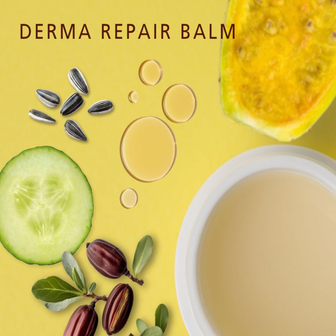 A flat-lay product presentation of 'DERMA REPAIR BALM' featuring a white bowl filled with beige balm, surrounded by its natural ingredients: a sliced cucumber, papaya, acacia pods, seeds, and oil droplets on a bright yellow background.