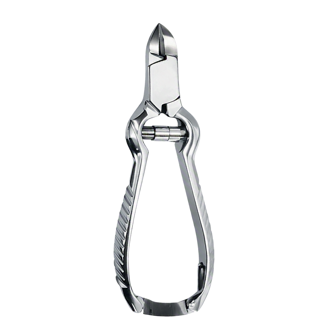 A polished stainless steel nail clipper also known as nail pincer for thick toenails shown on a solid white background.
