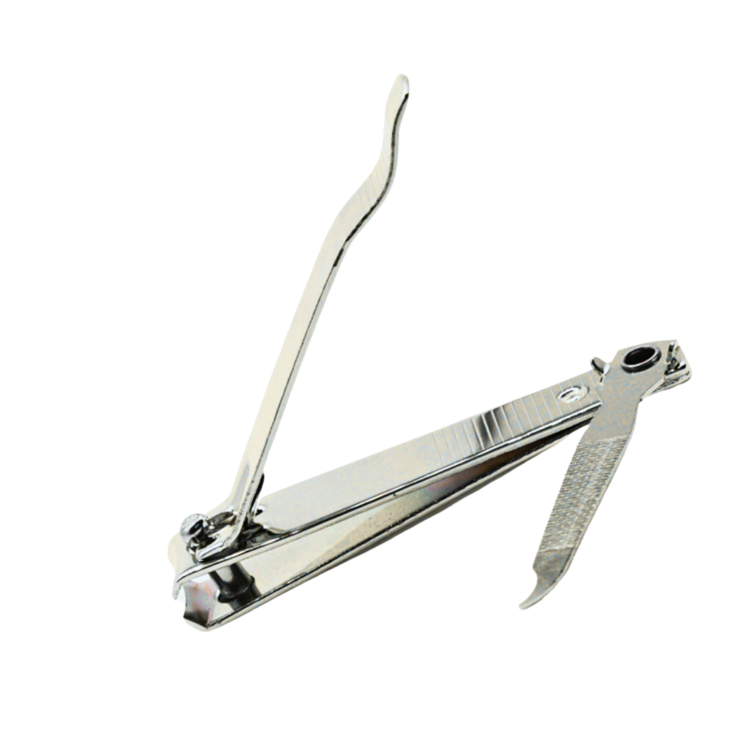 A Silver nail cutter clipper with a metal nail file on a white background