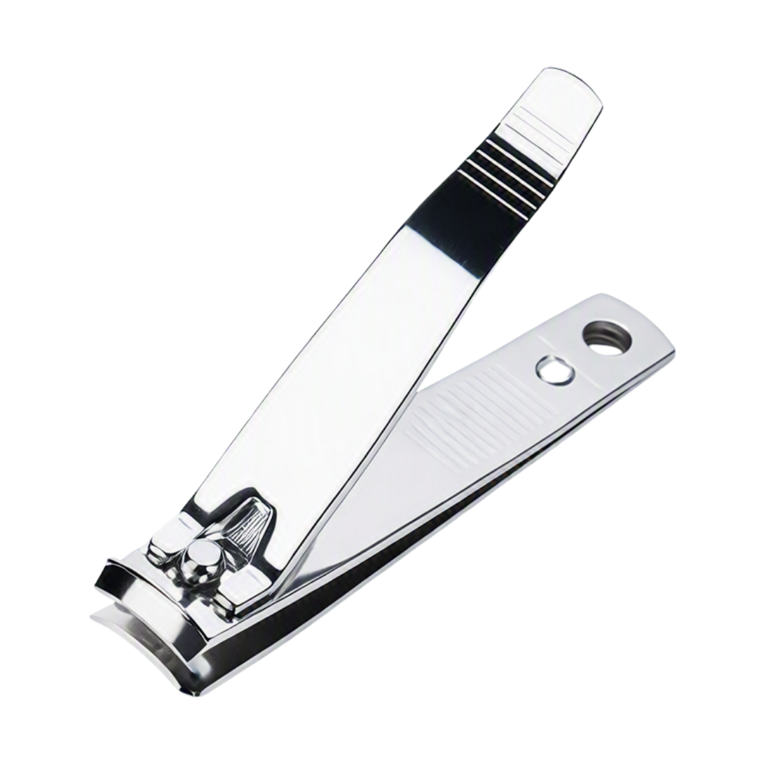A silver steel c-curve toenail cutter clipper on a white background