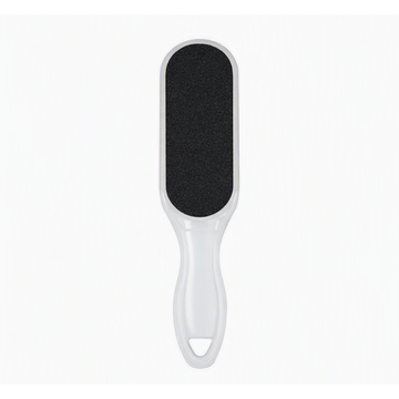 A handheld foot file or scrubber with a white plastic handle and a black textured abrasive pad, shown against a plain white background.