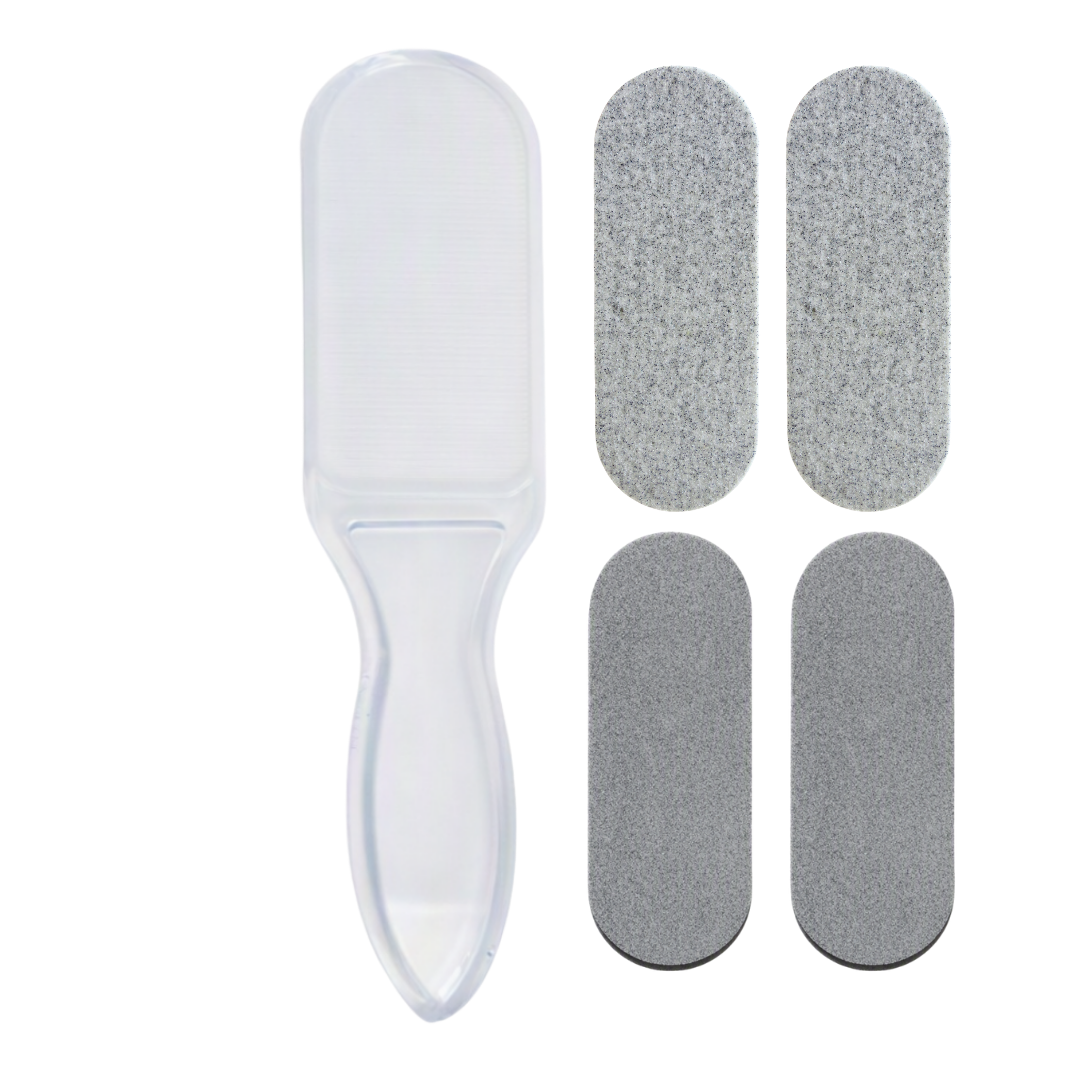A clear plastic foot file with a set of 2 different grey grit pads, on a white background
