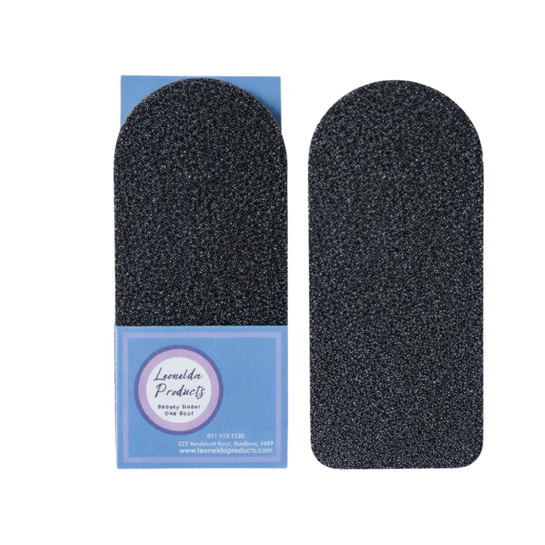 Two black textured foot file grits shown upright on a white background, with one still attached to its blue branded cardboard sleeve. The sleeve reads 'Leonelda Products'.