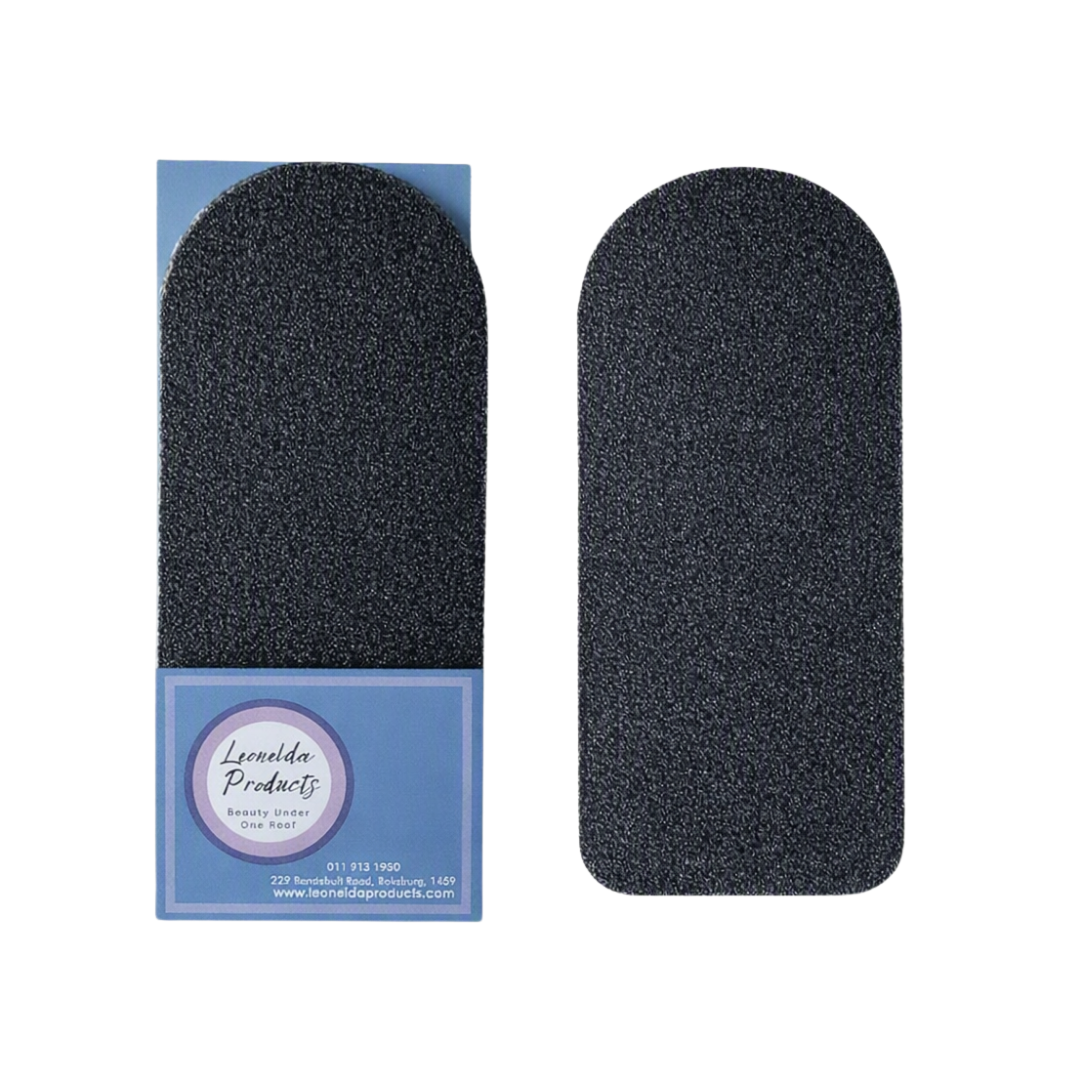 Two black textured foot files shown upright on a white background, with one still attached to its blue branded cardboard sleeve. The sleeve reads 'Leonelda Products'.