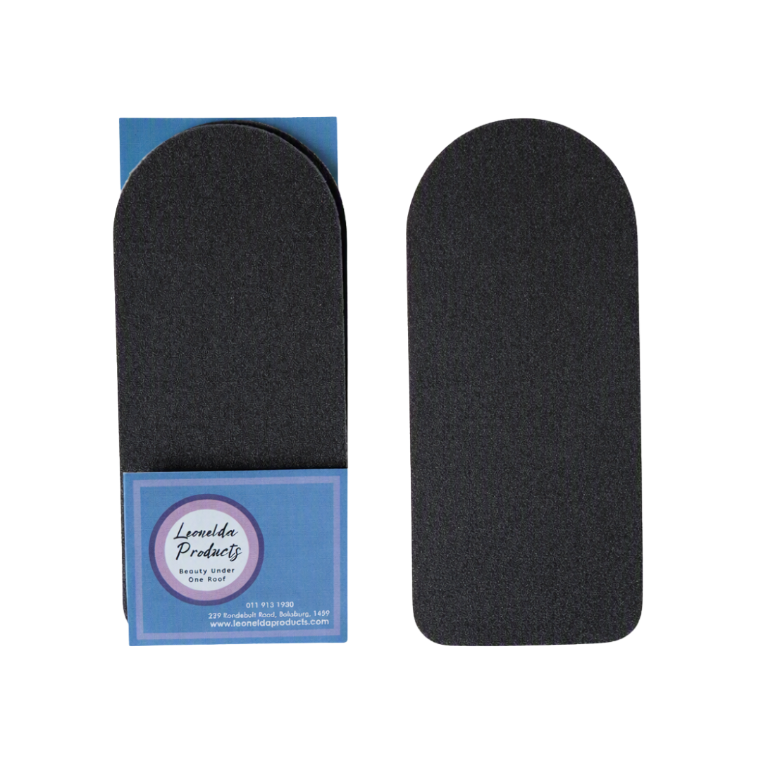 Two black textured foot file grits shown upright on a white background, with one still attached to its blue branded cardboard sleeve. The sleeve reads 'Leonelda Products'.