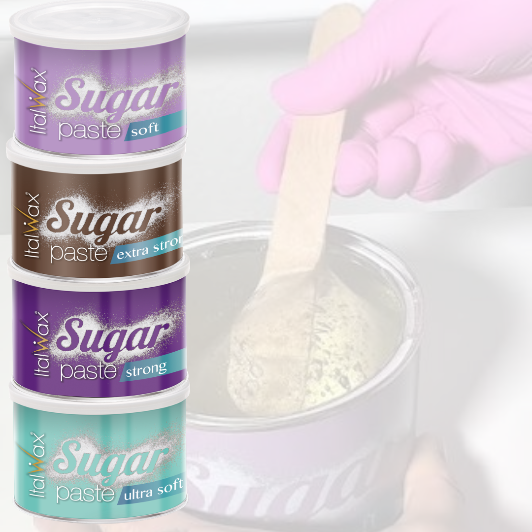 Italwax Sugar Paste hair removal products in Ultra Soft, Soft, Strong and Extra Strong formulas, shown with a professional sugaring treatment in the background.