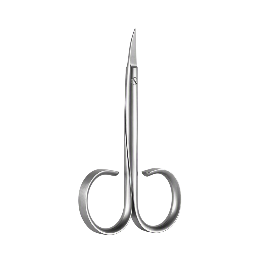 A pair of Rubis metallic silver nail scissors with a sleek, curved design, shown on a solid white background.