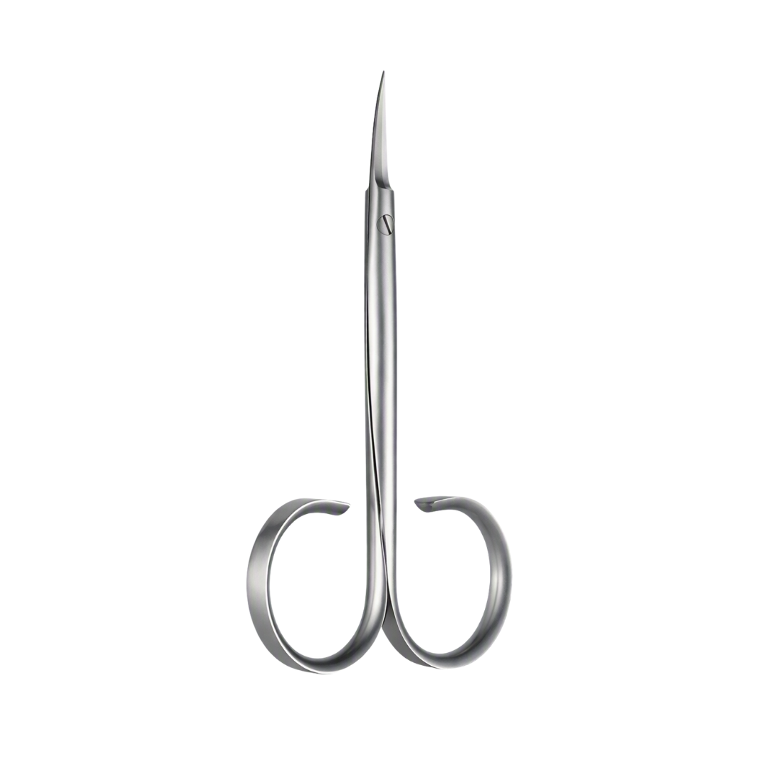 A pair of Rubis metallic silver nail scissors with a sleek, tapered blade and ergonomic loop handles, shown on a solid white background.
