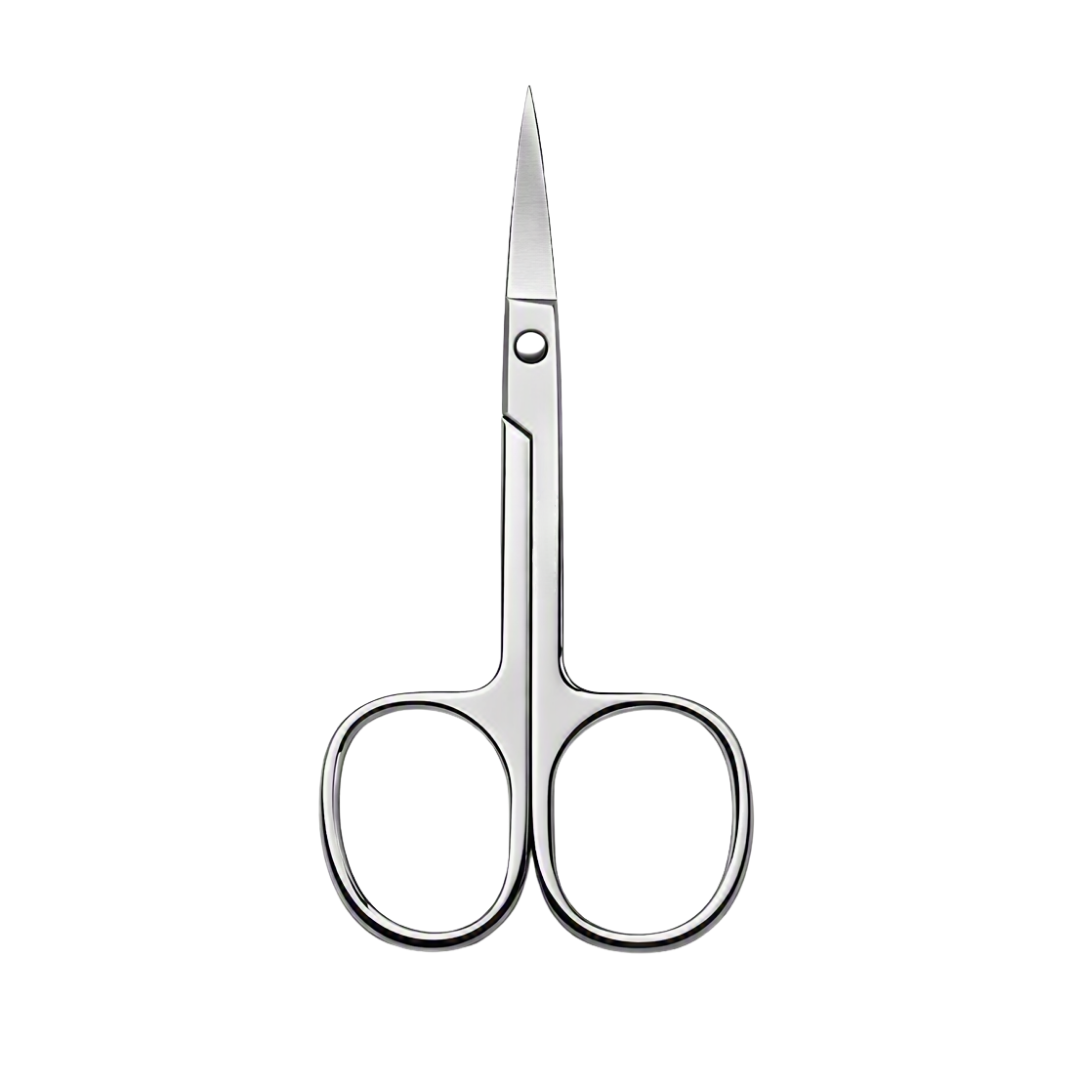A pair of metallic silver nail scissors with a sleek design and sharp pointed blades, isolated on a solid white background.
