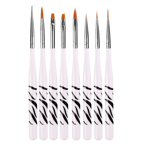 Nail Art Brush Set Wooden Zebra  Print Handles 8 Piece